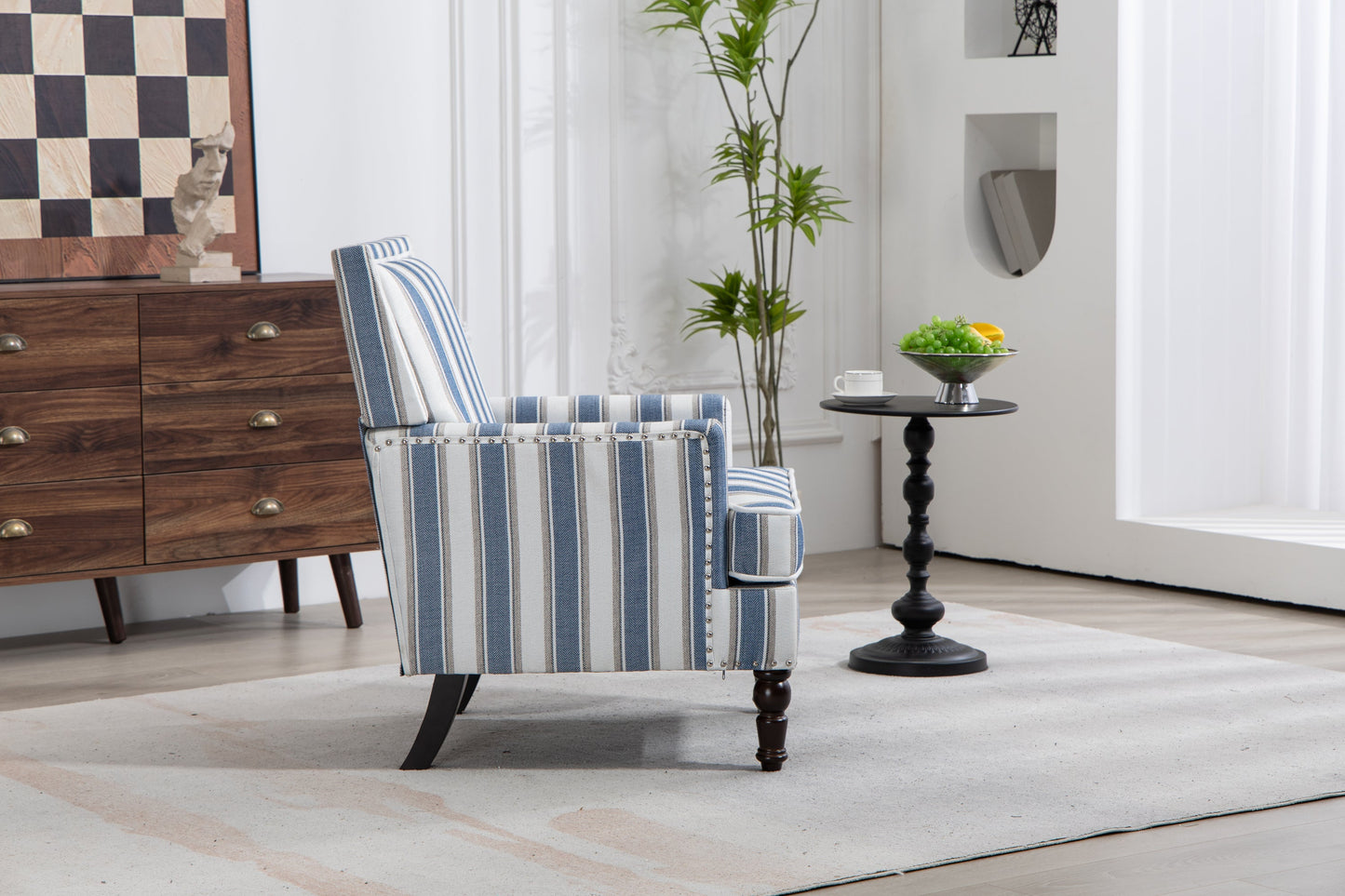 Accent Chair Vintage Blue White Stripe Linen Nailhead Trim