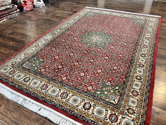 Persian Tabriz Rug 7x10, Wool Hand Knotted Vintage Carpet, Red Green & Cream, Herati Pattern, 7 x 10 Room Sized Oriental Rug
