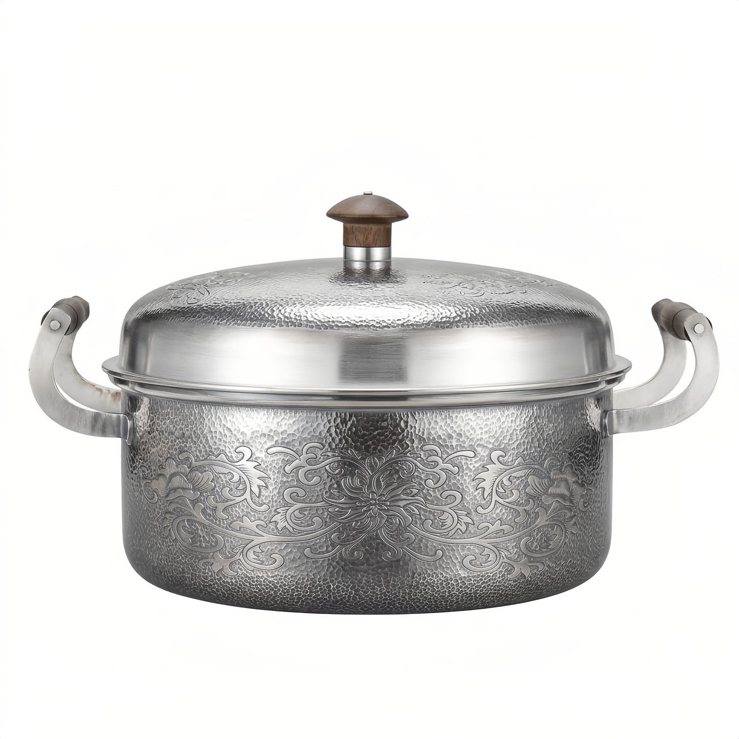 Pure 999 Fine Silver Elegant Hand-Hammered Silver Metal Pot with Intricate Floral Engravings and Wooden Handles - Handicraft