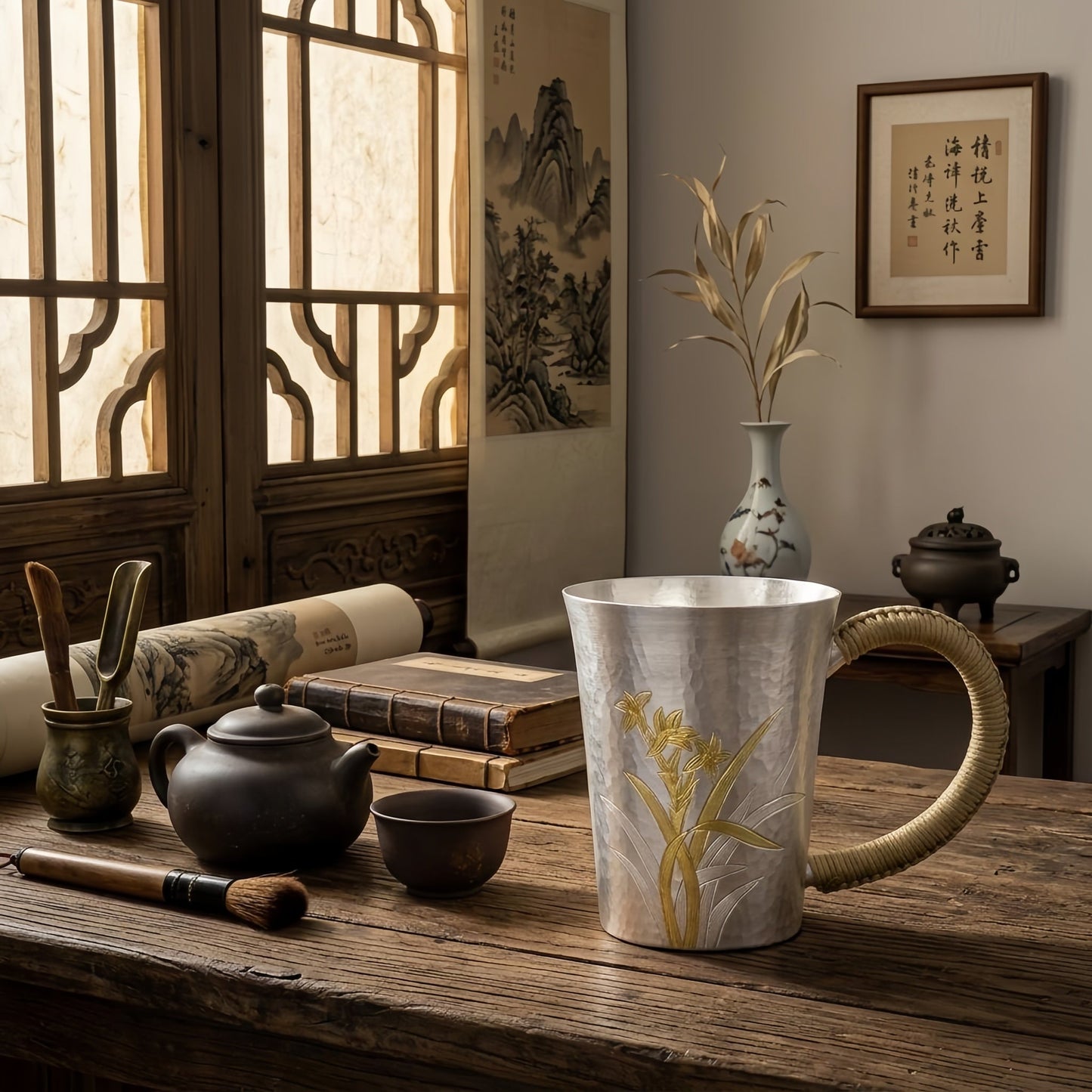 925 Sterling Silver Elegant Hammered Silver Mug with Orchid Engravings and Woven Handle - Handicraft
