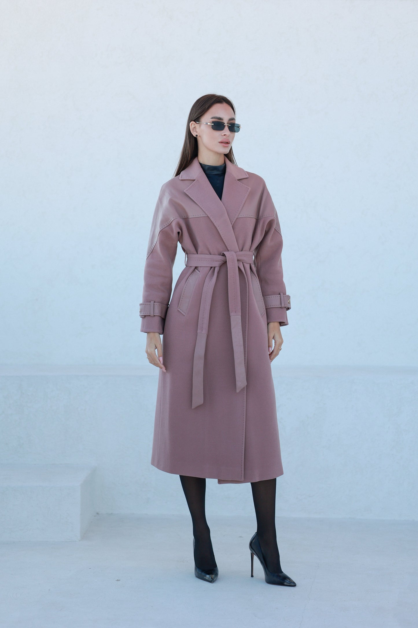 Rose Leather Trim Cashmere Blend Overcoat