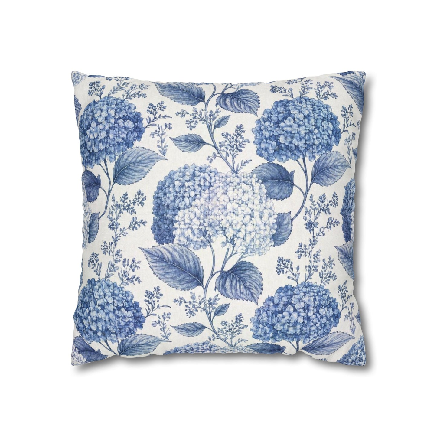 Blue Hydrangea Floral Pillowcase | Square Poly Canvas Throw Pillow Cover 18x18