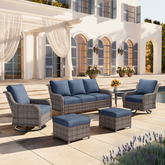 Sofa Set Modern with Three-Seater, Two Swivel Chairs, Footstools and Side Table