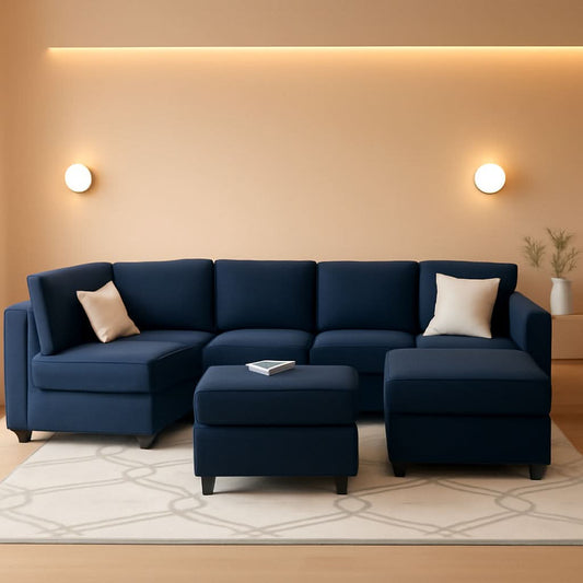 Modular Velvet Sectional Sofa Blue With Storage Ottoman