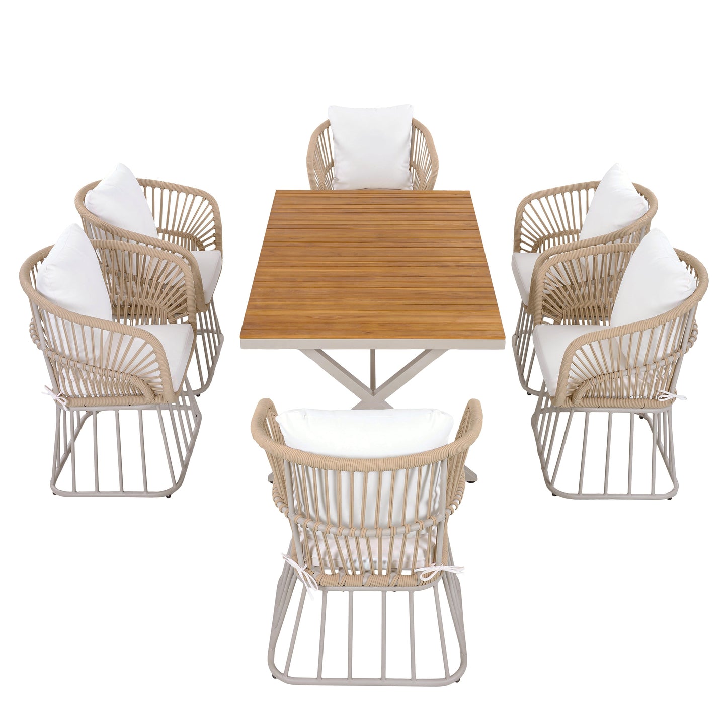 Outdoor Set Rectangular Teak Table Six Wicker Chairs with Cushions Beige Frame