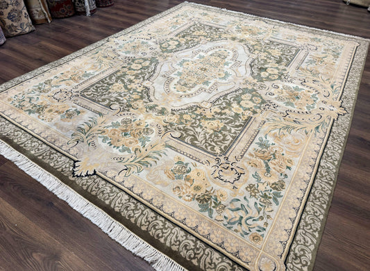 Aubusson Rug 8x10, Very Fine 225 KPSI, Floral, French European Design, Pakistani Carpet