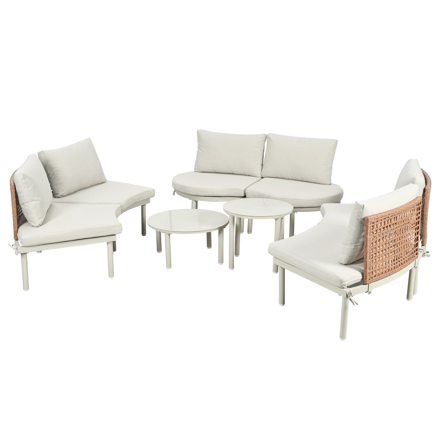 Outdoor Patio Set Half Moon Sectional with Two Coffee Tables Beige Pe Wicker