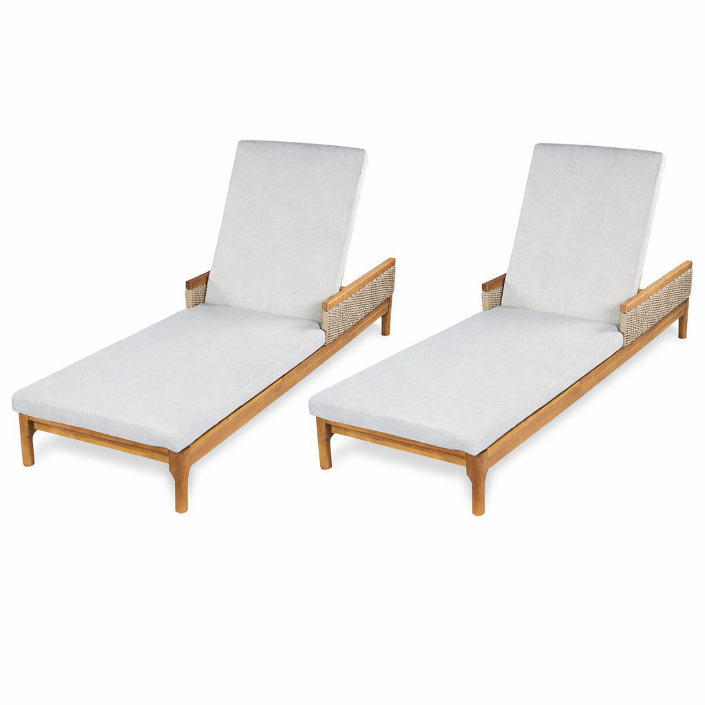 Sun Lounger Set Modern - Acacia Wood, Grey Cushions, Light Grey Wicker, 76.8in