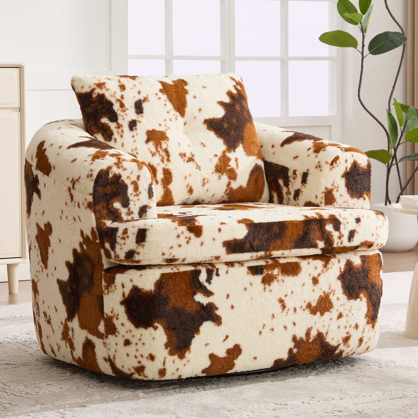 Swivel Accent Chair 360 Degree Faux Fur Beige Dual-Layer Cushion 36.6x36.5 In