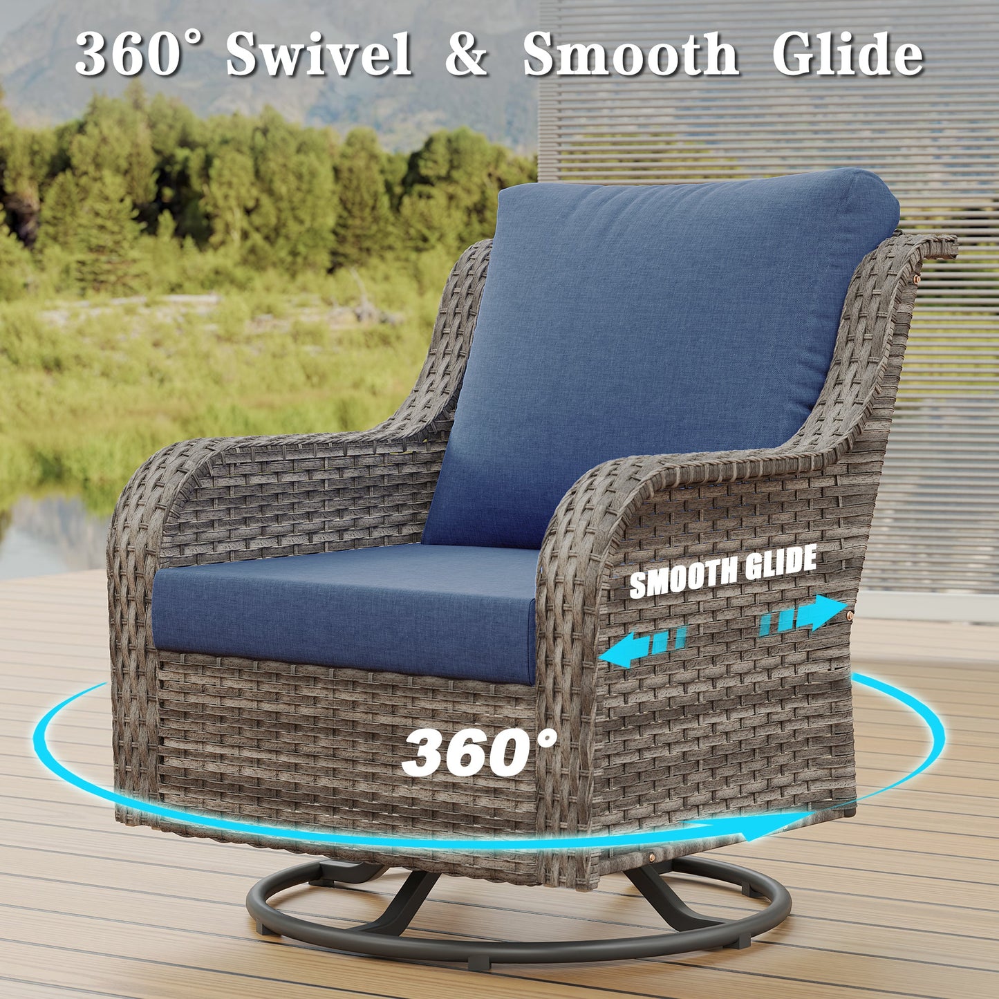 Sofa Set Modern with Three-Seater, Two Swivel Chairs, Footstools and Side Table
