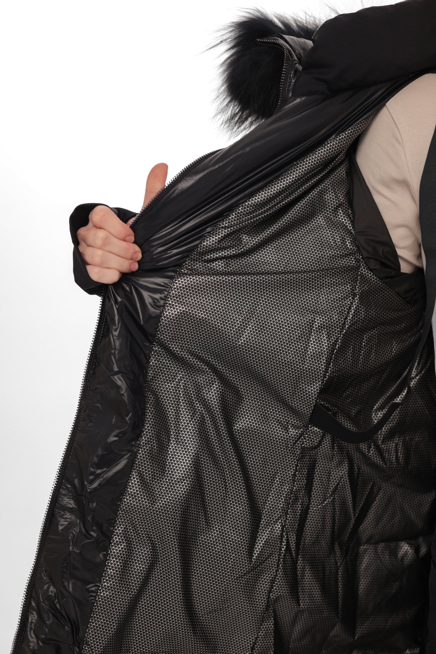 Cyrus Genuine Fur Trim Down Fill Coat in Black