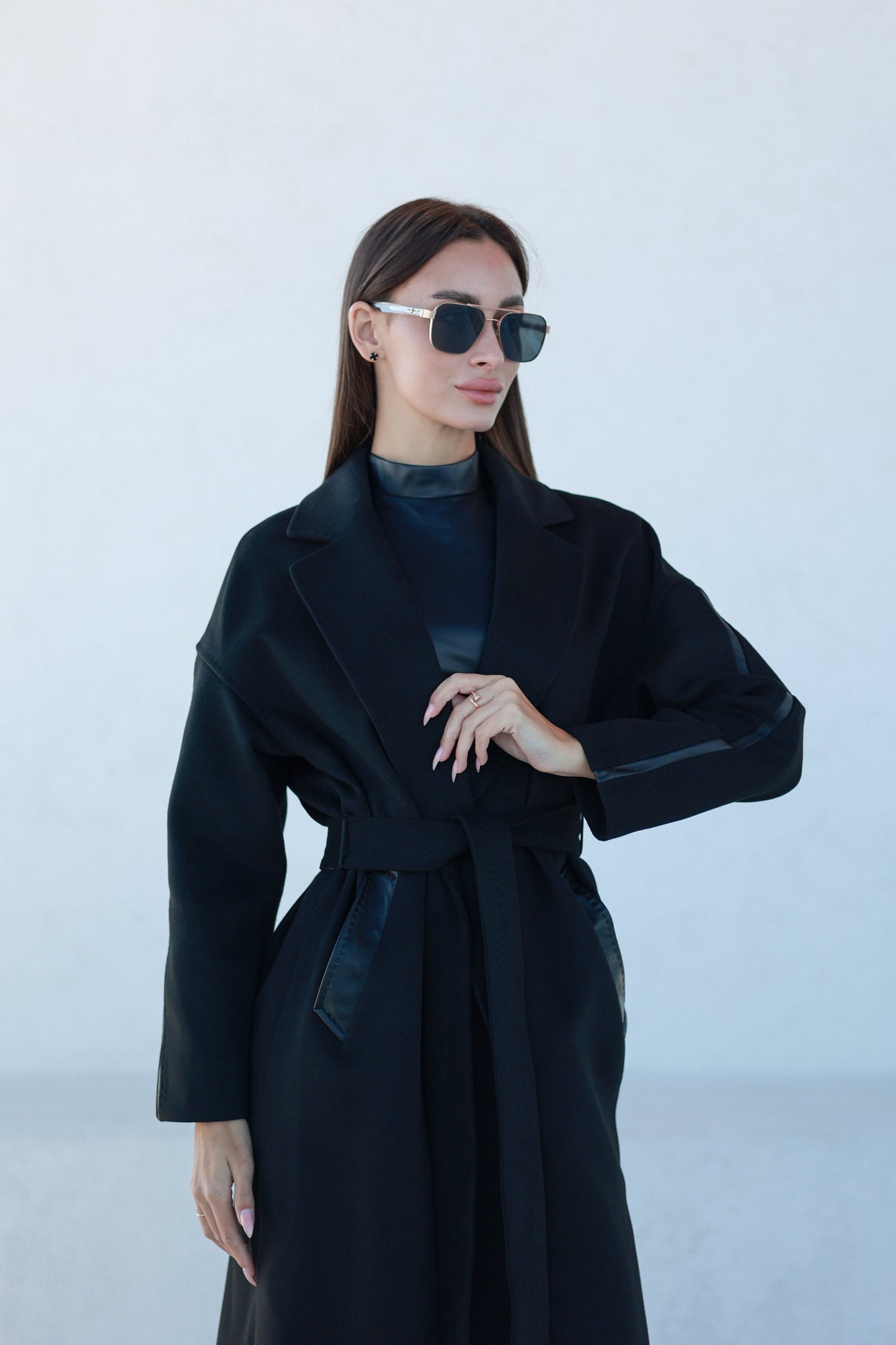 Logan Leather Trim Cashmere Blend Overcoat in Black