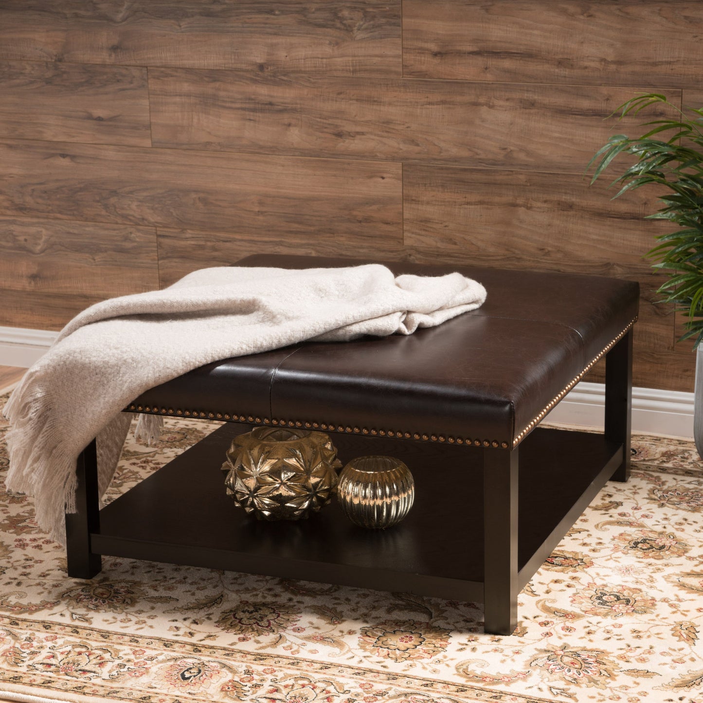 Large Square Ottoman Bench Faux Leather Coffee Table with Rack and Wood Legs
