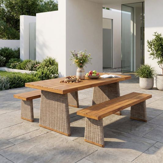Outdoor Set 3-piece Acacia Wood Dining with Handwoven Rattan Legs Brown