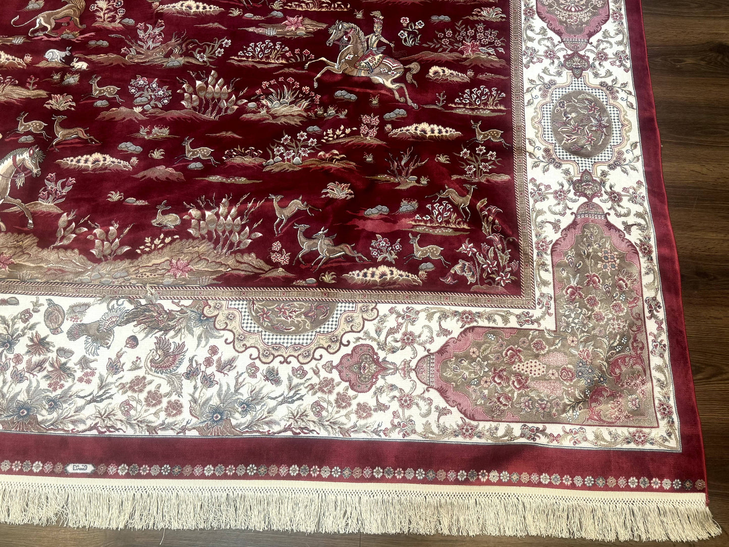 Turkish Silk Rug 8x10, Red & Ivory, Hunting Design, Bamboo Silk, New