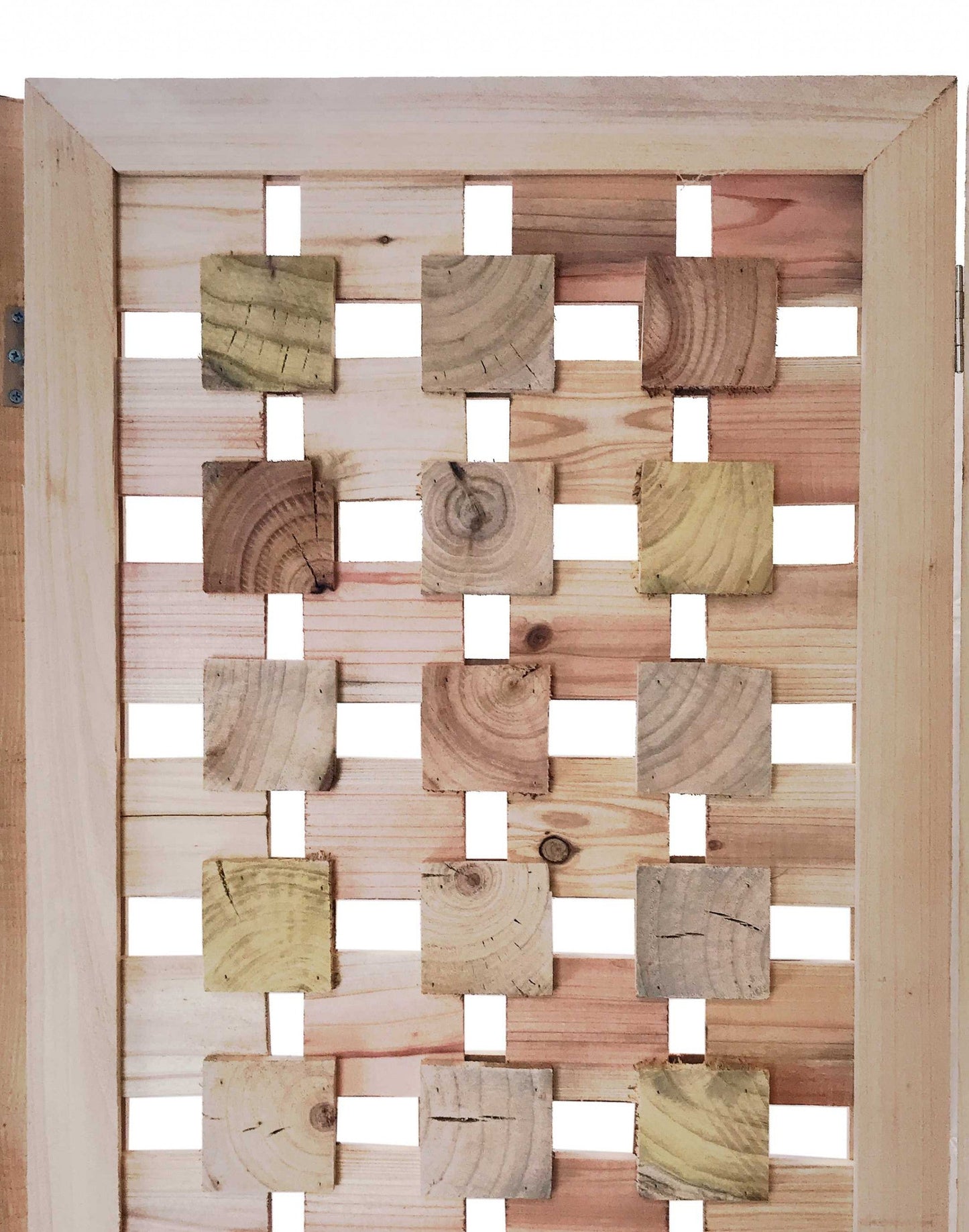 3 Panel Pink Room Divider with Cut Square Wood Design