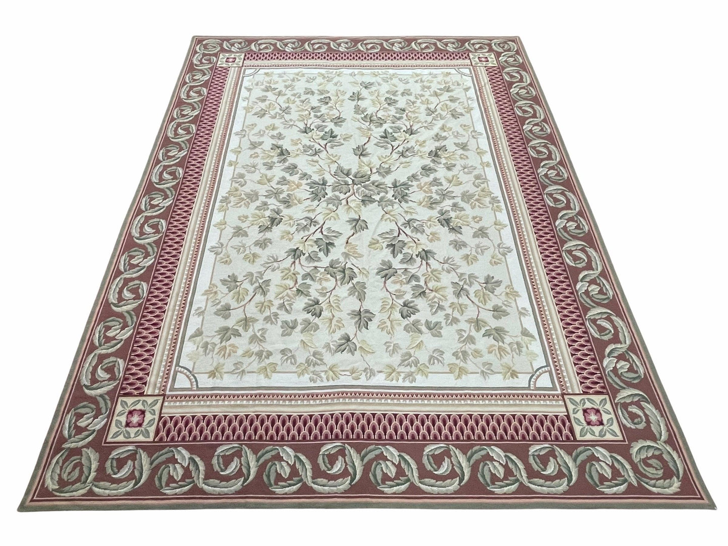 Aubusson Needlepoint Rug 9x12, Flatweave Carpet, Leaves, Wool, New, Handmade
