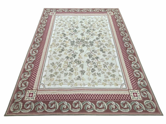Aubusson Needlepoint Rug 9x12, Flatweave Carpet, Leaves, Wool, New, Handmade