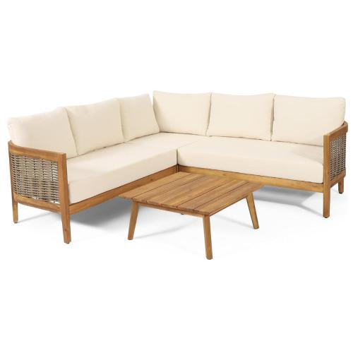 Outdoor Teak Conversation Set with Beige Cushions 4 Piece