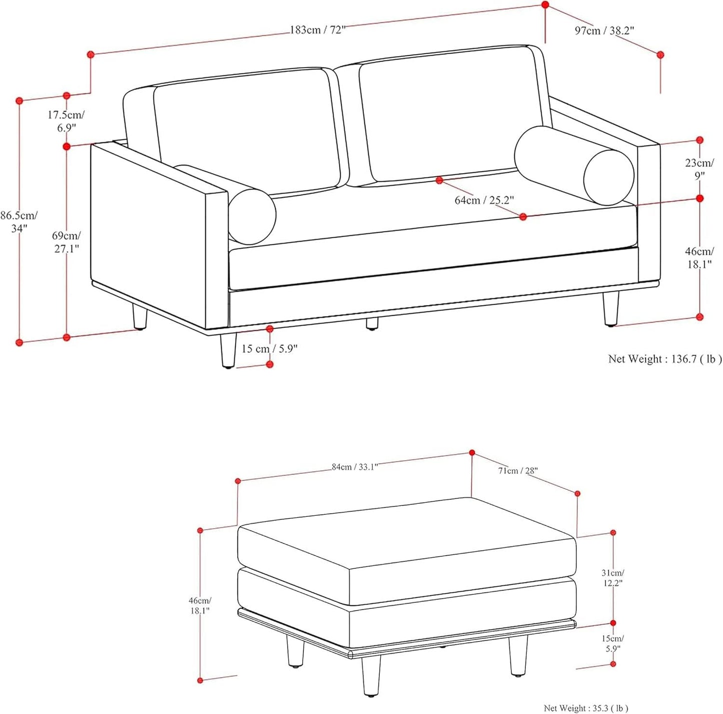 Morrison 72 Inch Mid Century Modern Sofa Set Mist Grey