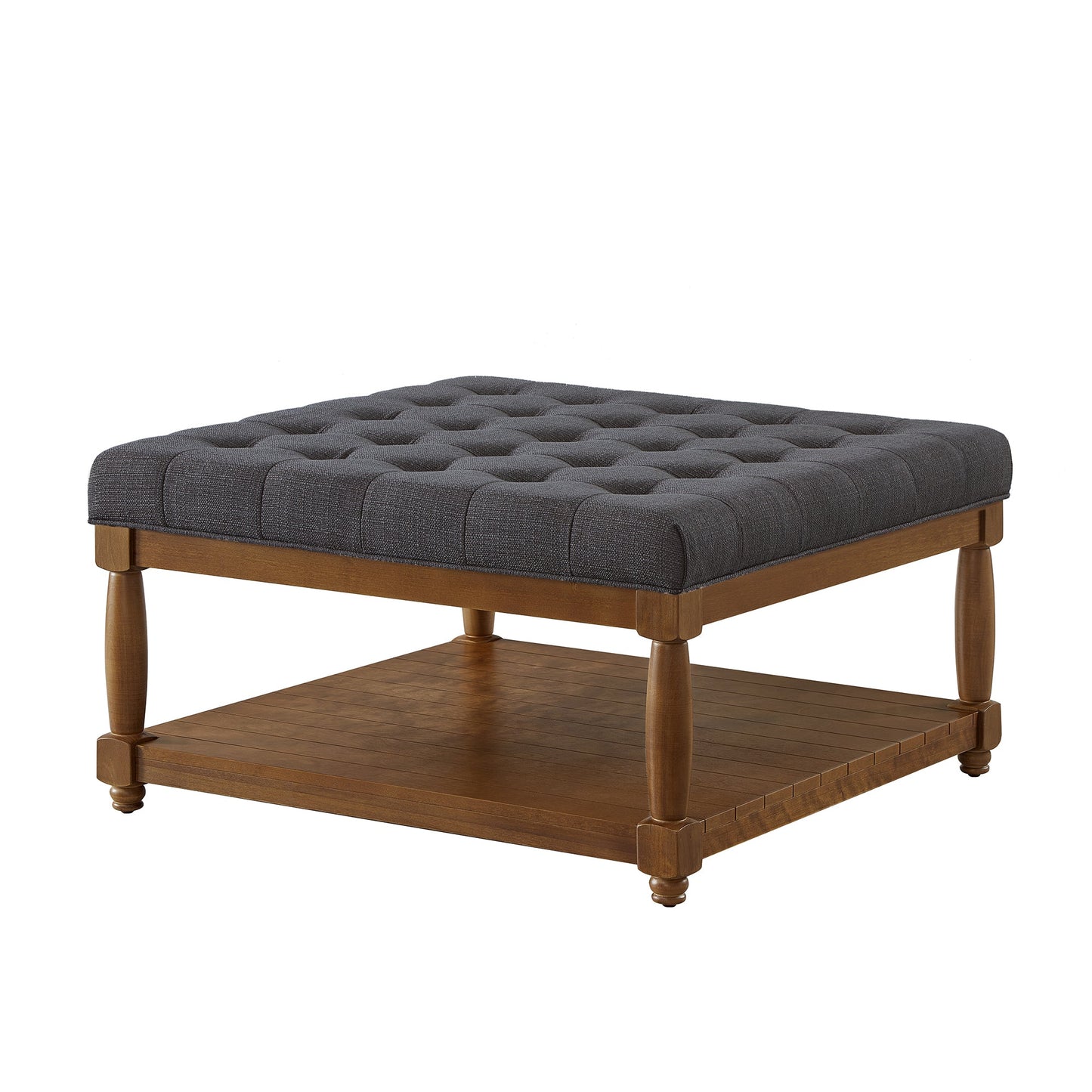 Large Square Upholstered Tufted Linen Ottoman Coffee Table, Charcoal