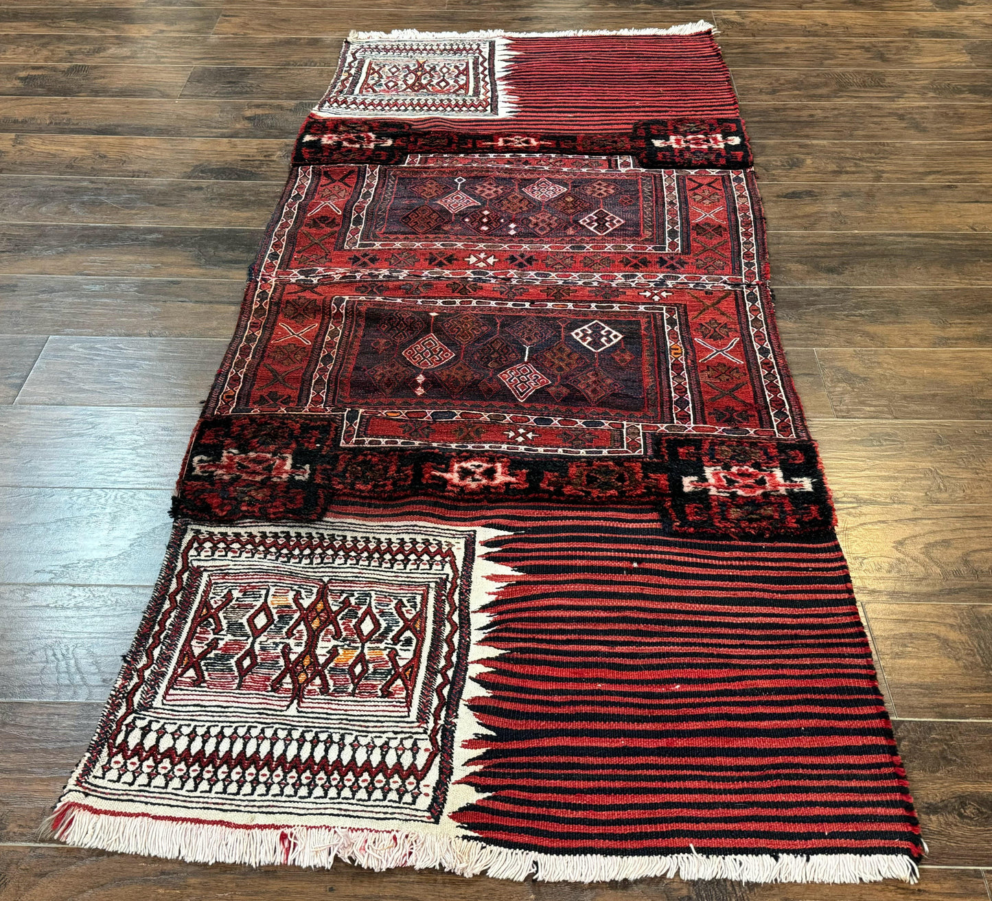 Persian Tribal Nomadic Saddle Cover Rug, Antique, Handmade, Wool, Red Ivory Black, Collectible, Shahsavan