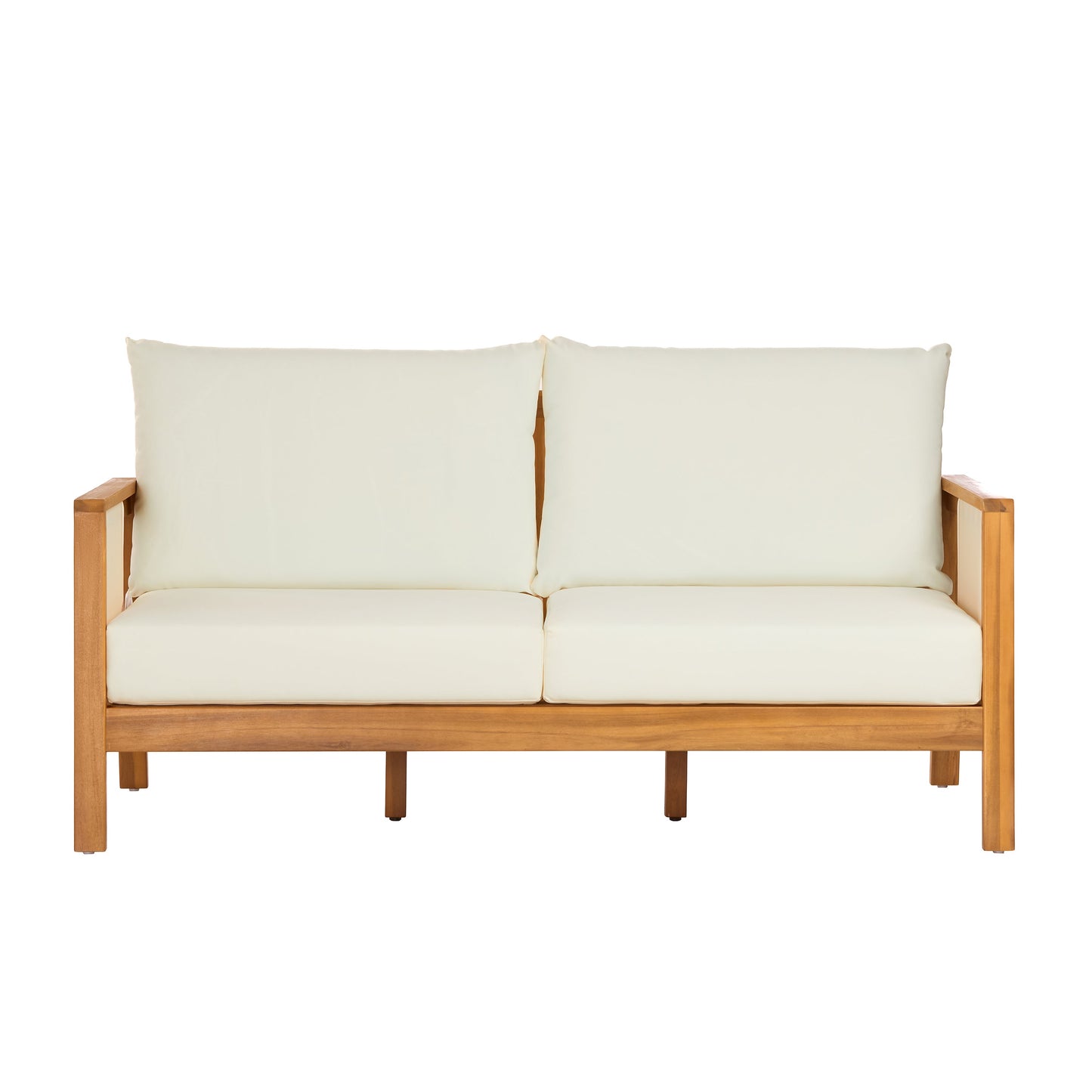 Outdoor Sofa Set Two Piece Acacia Wood Teak Finish Beige Cushions Coffee Table