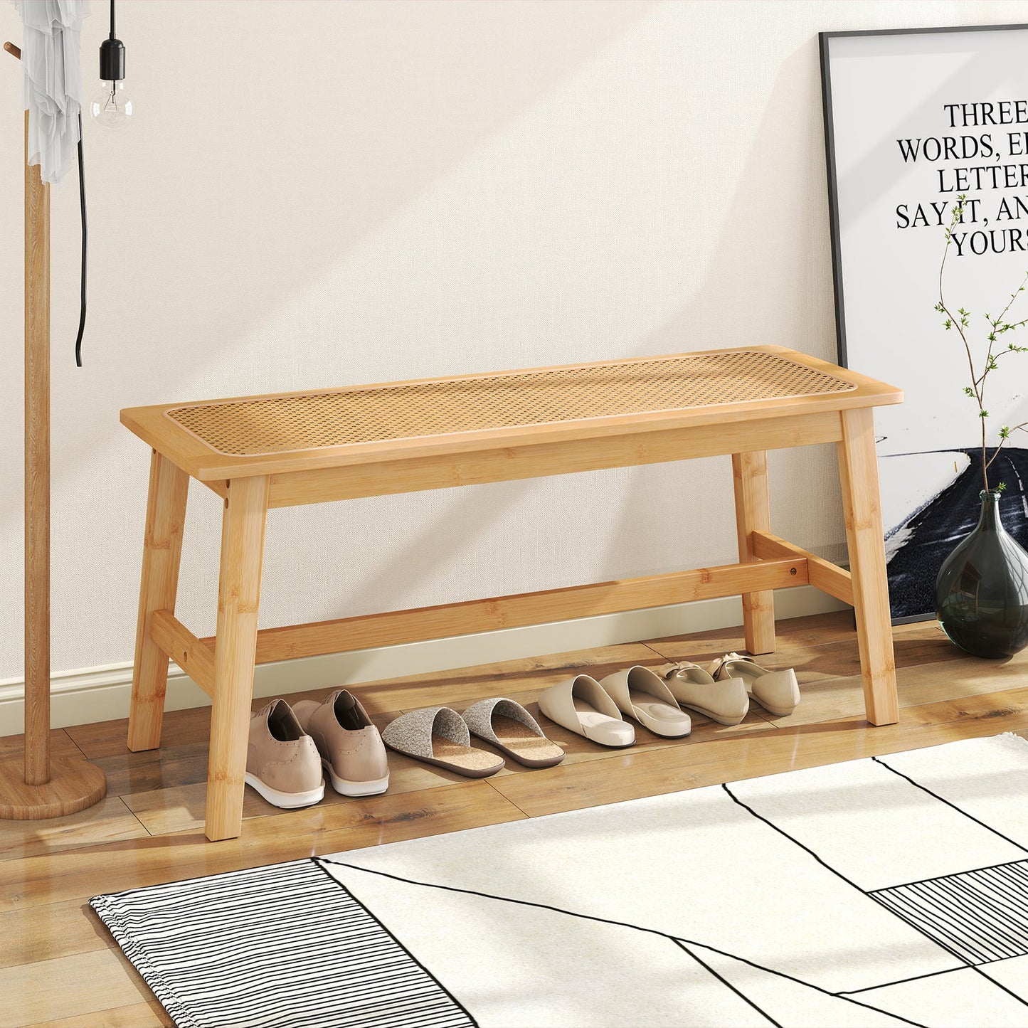 39.5 Inch Bamboo Dining Bench with Handwoven Rattan Seat for Indoor Outdoor-Natural