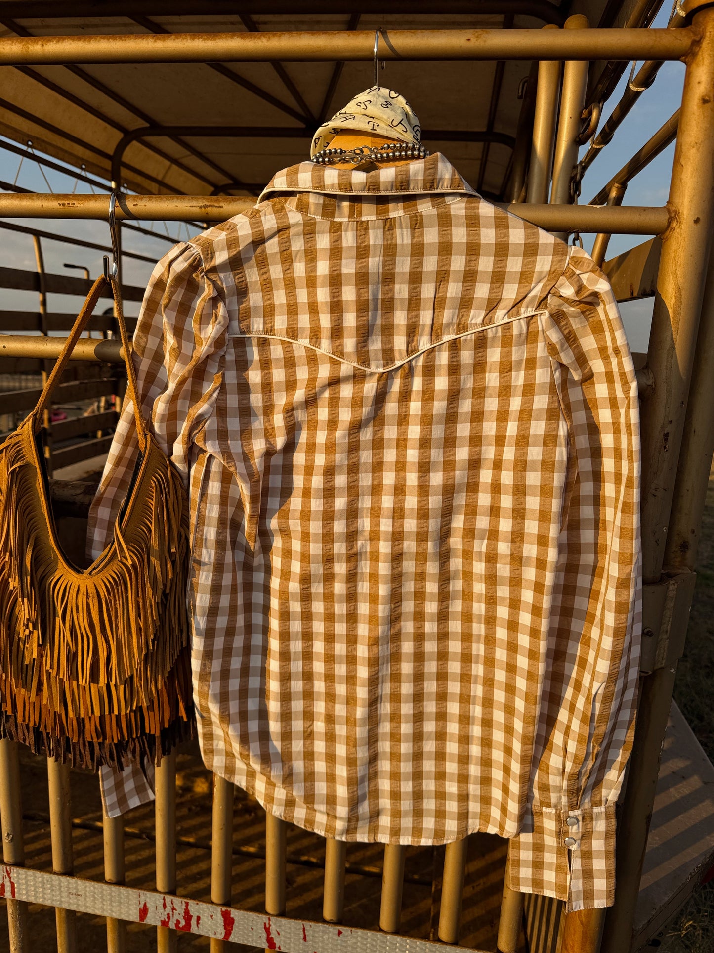 The Tan Gingham Pearl Snap Top-BEST SELLER