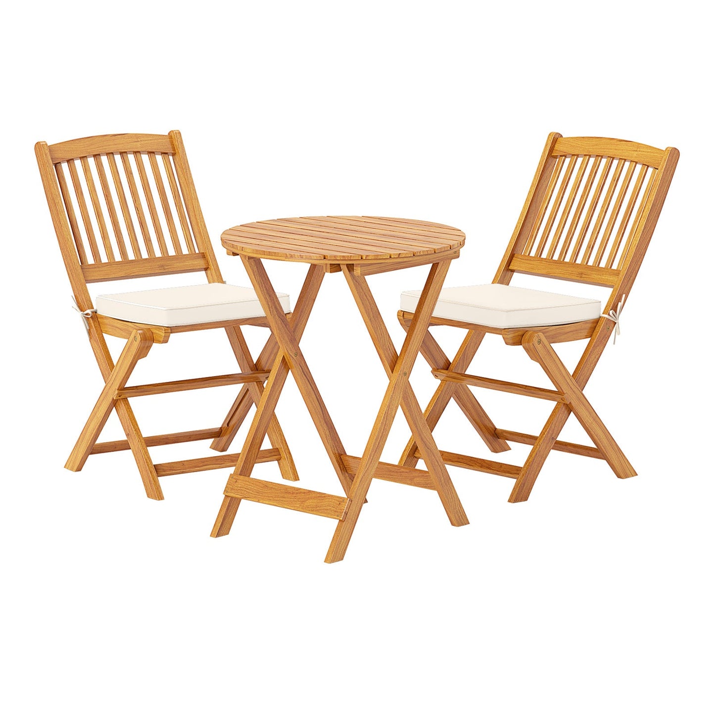3 Pieces Acacia Wood Patio Folding Bistro Set with Soft Cushions