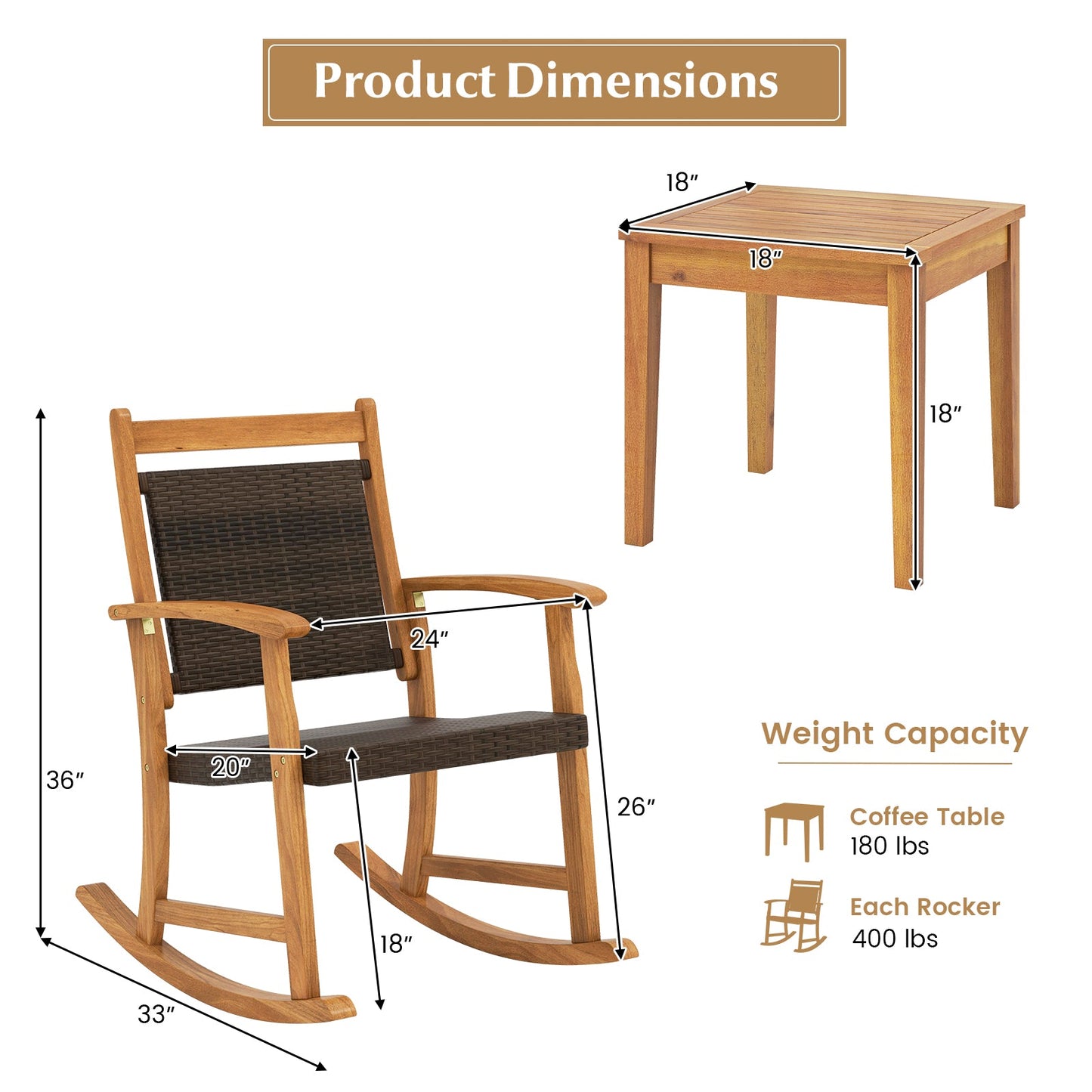 3 Pieces Acacia Wood Patio Rocking Chair Set with Side Table