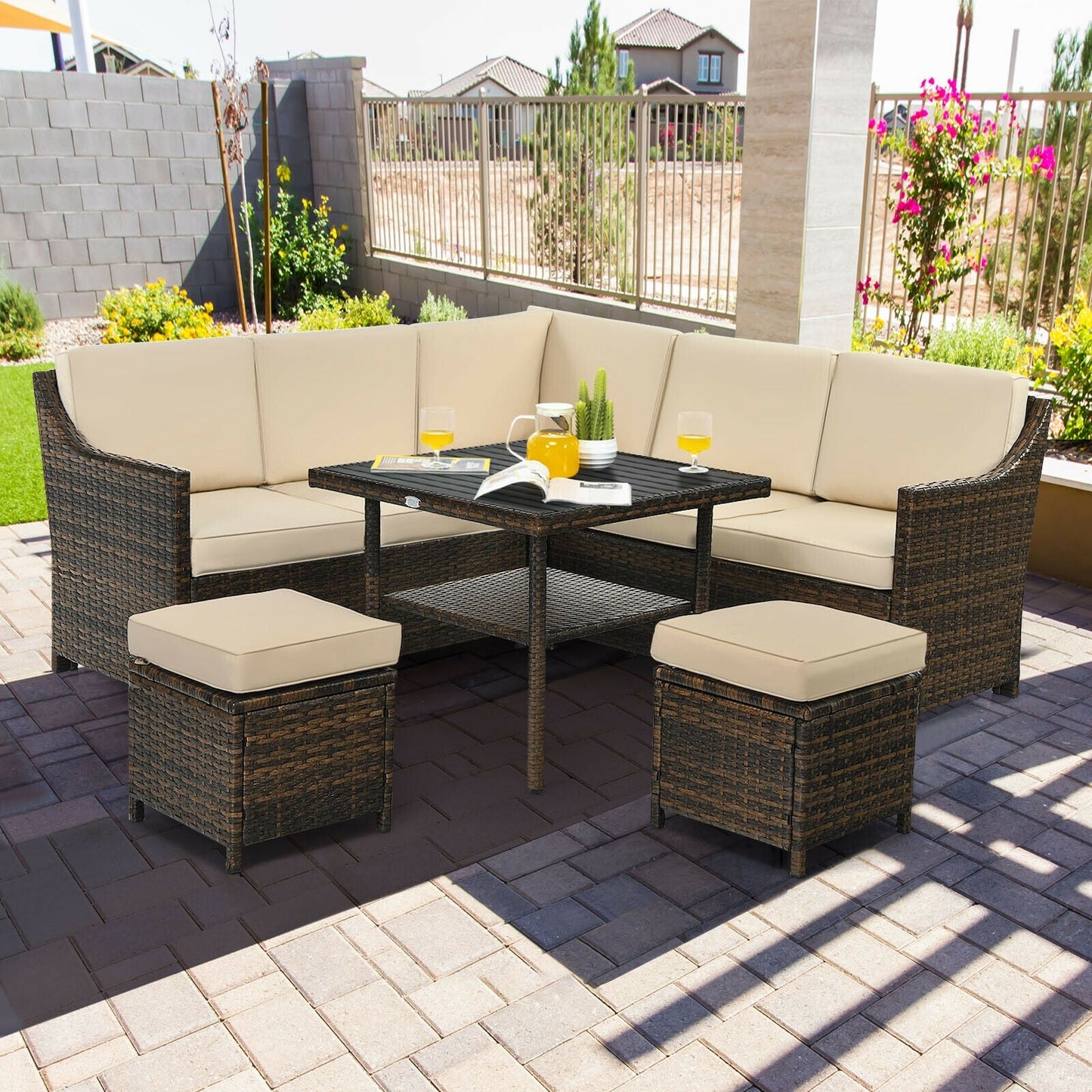 Luxury Outdoor Retreat Dining Set with Ottomans