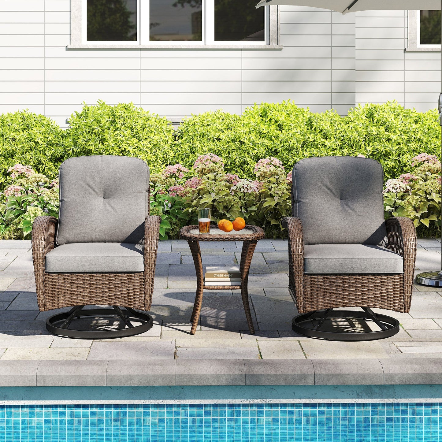 3 Piece Patio Swivel Rocker Set with Tempered Glass Side Table and Thick Cushions