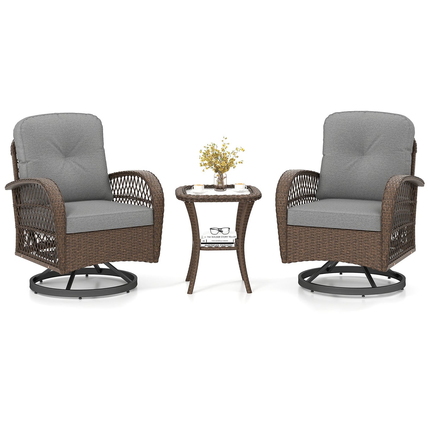 3 Piece Patio Swivel Rocker Set with Tempered Glass Side Table and Thick Cushions