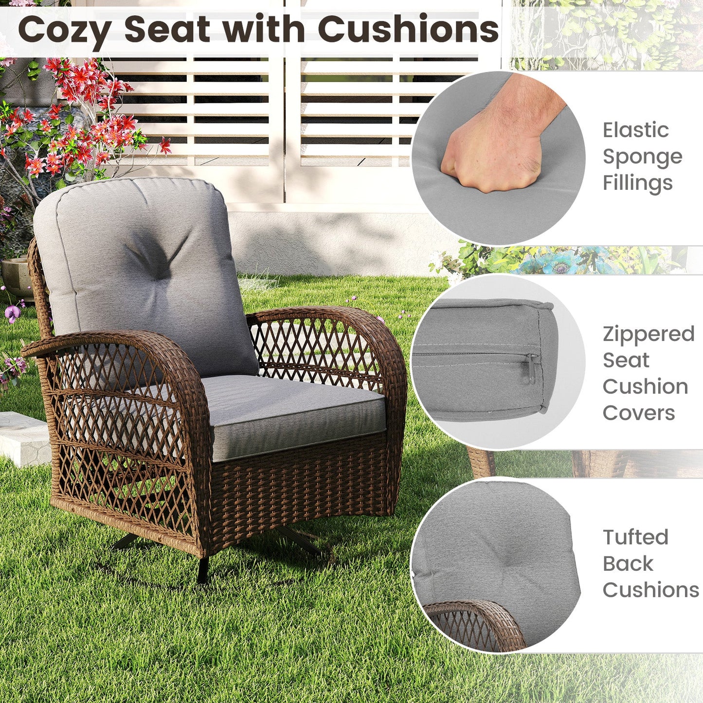 3 Piece Patio Swivel Rocker Set with Tempered Glass Side Table and Thick Cushions