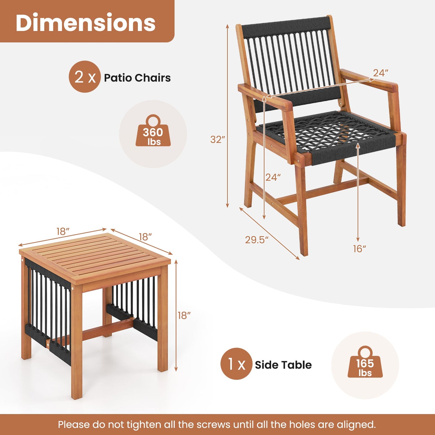 3 Pieces Acacia Wood Patio Furniture Set with Armchairs Coffee Table