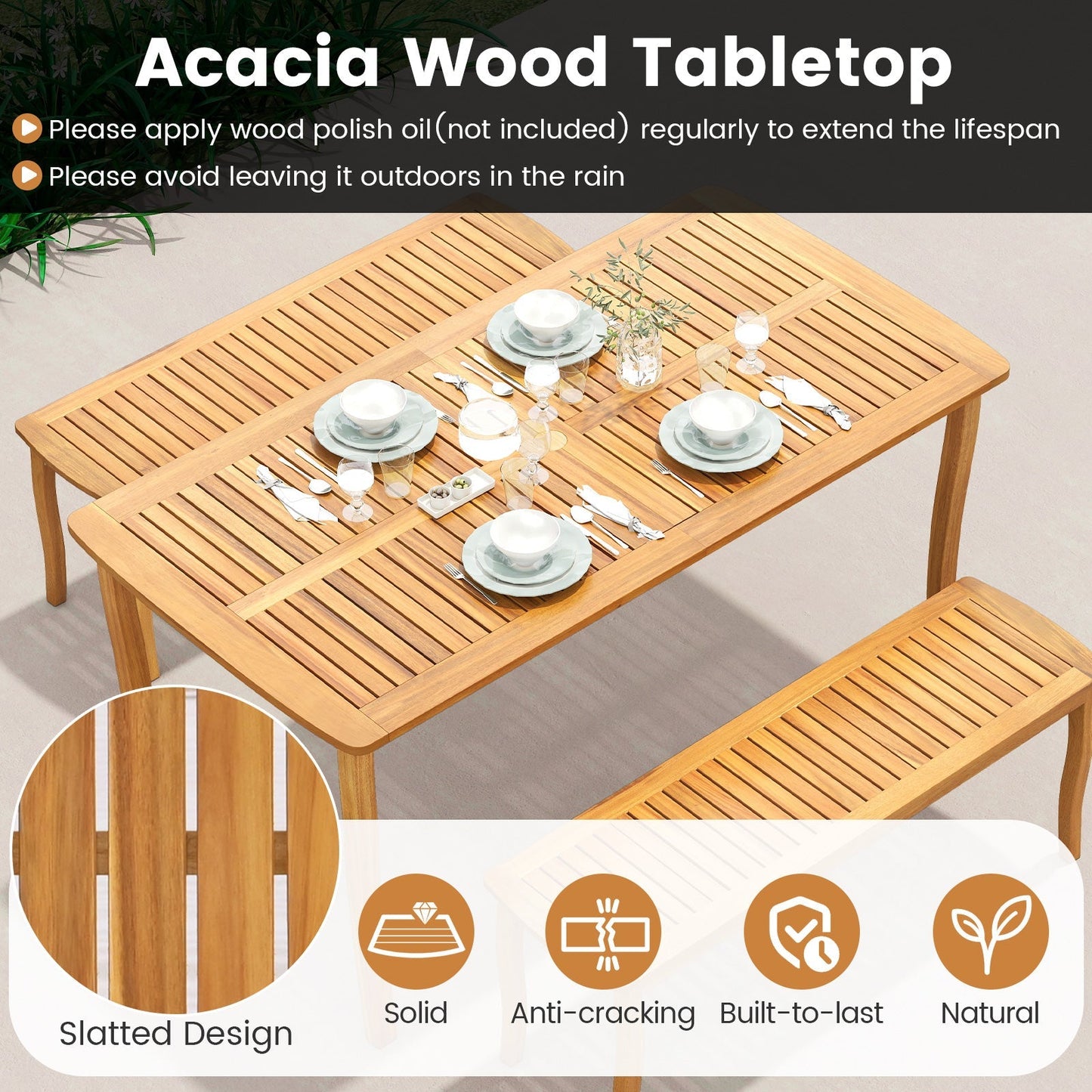 3 Pieces Patio Dining Set with Acacia Wood Outdoor Table and Benches
