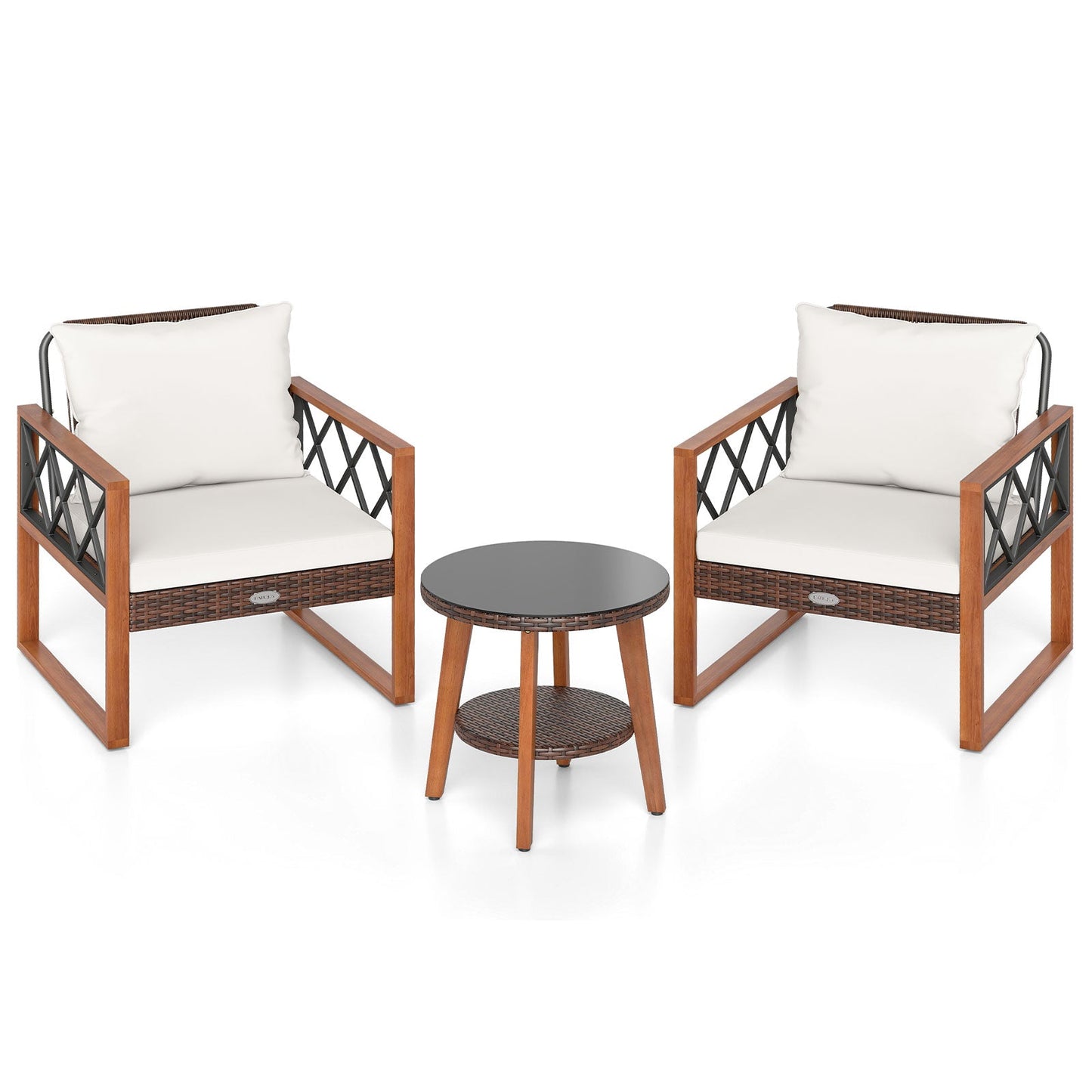 3 Pieces Patio Furniture Set with Tempered Glass Top Table and Soft Cushions-Off White