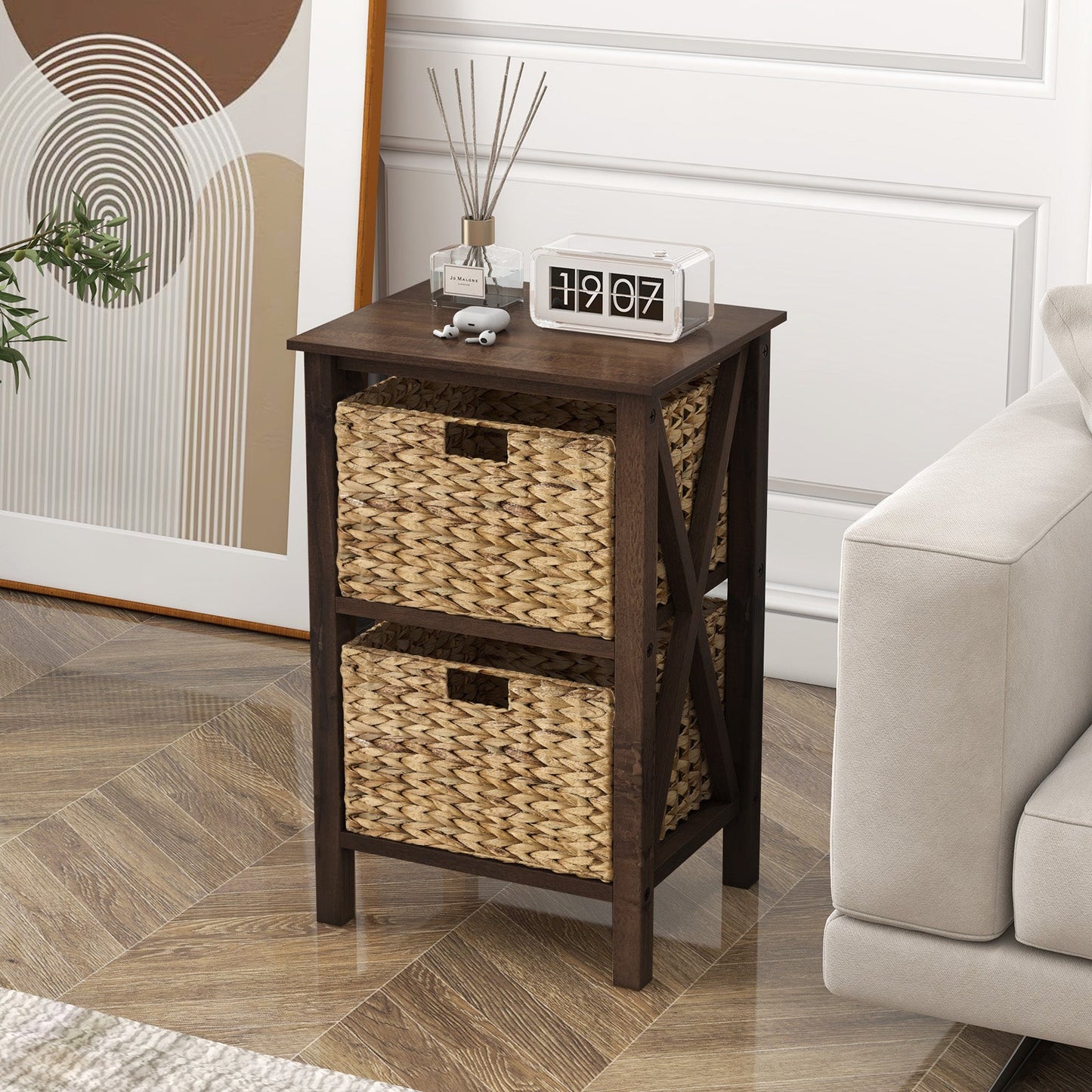 3/4-Tier Nightstand with 2 Seagrass Baskets Narrow X-Design-3
