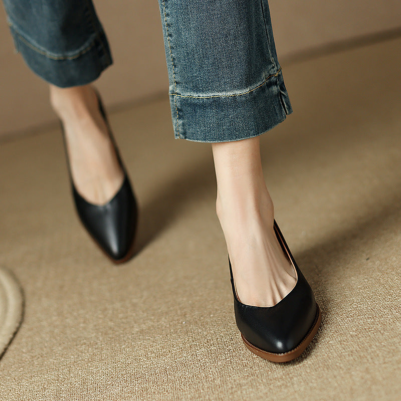 Women's Sheepskin Chunky Heel Slip-On Shoes | Pointed Toe Low Heels