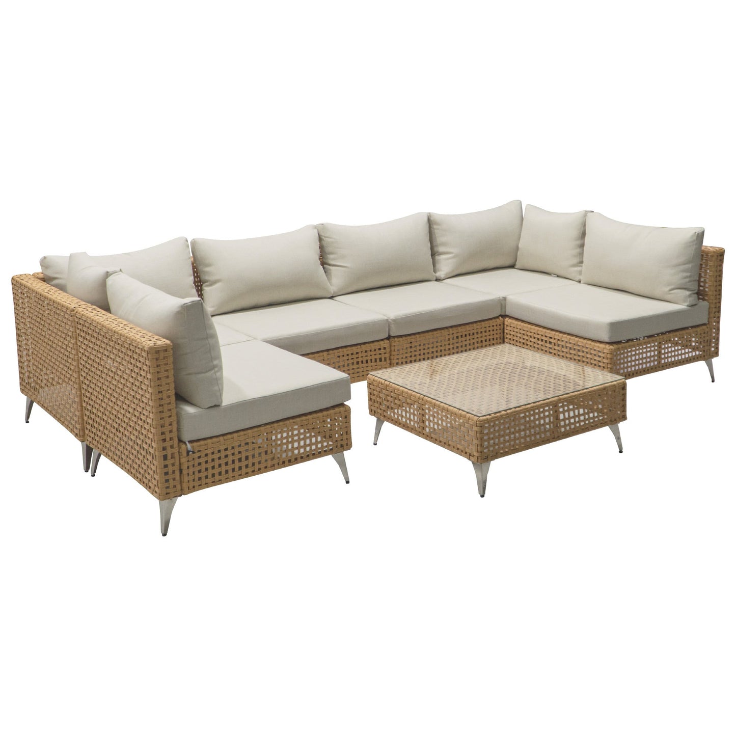 Patio Set Wicker Sectional with Water Resistant Beige Cushions and Coffee Table