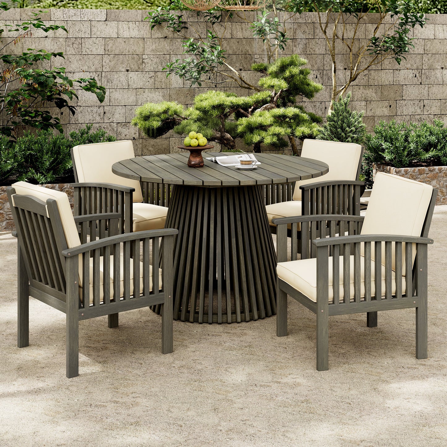 Outdoor Dining Chair Farmhouse Acacia Grey with Cream Cushions Set of 4
