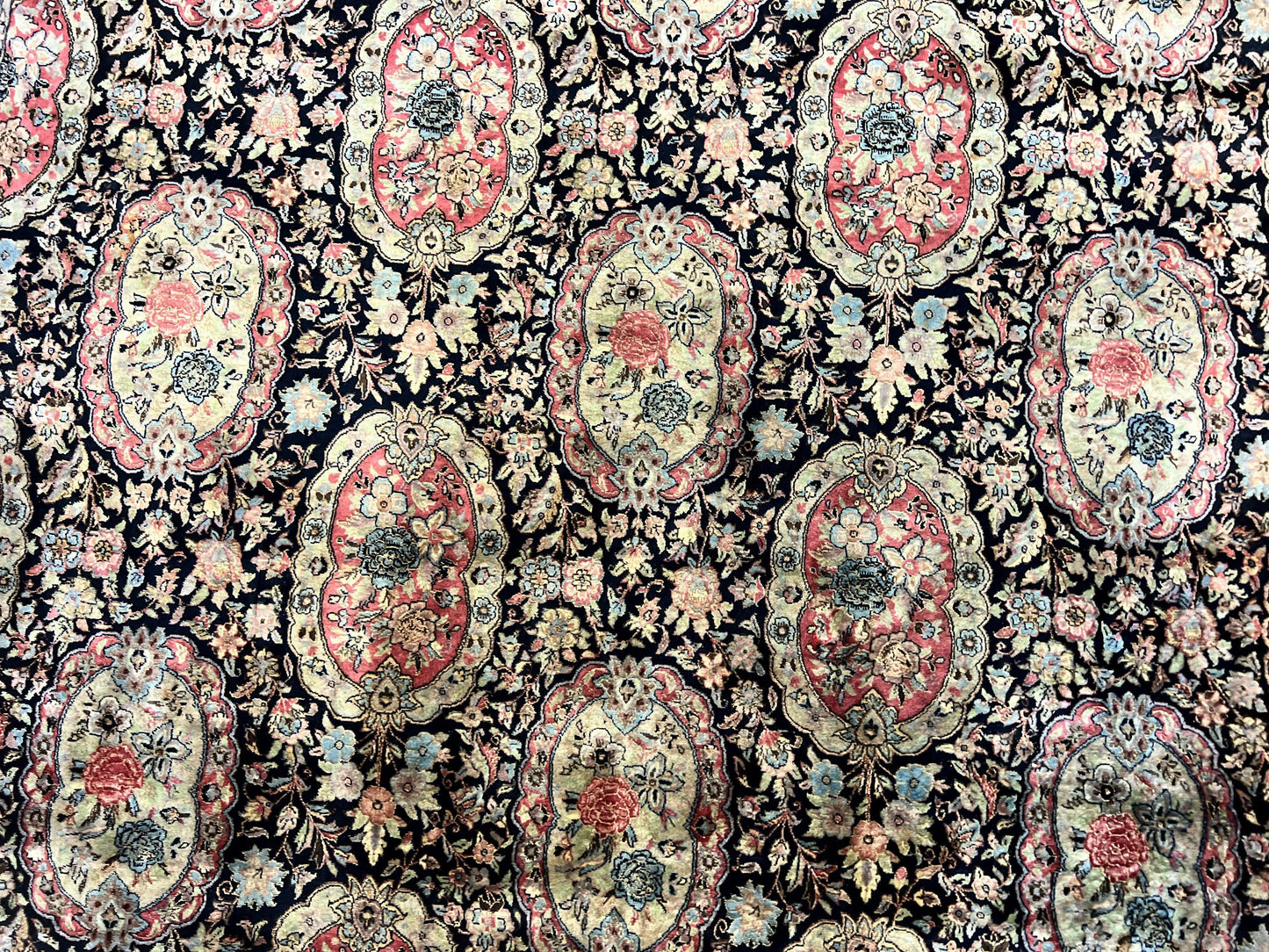 Sino Persian Rug 9x12, Navy Blue and Pink Hand Knotted Wool and Silk Highlights Vintage Oriental Carpet, Handmade Floral Area Rug 9 x 12 ft