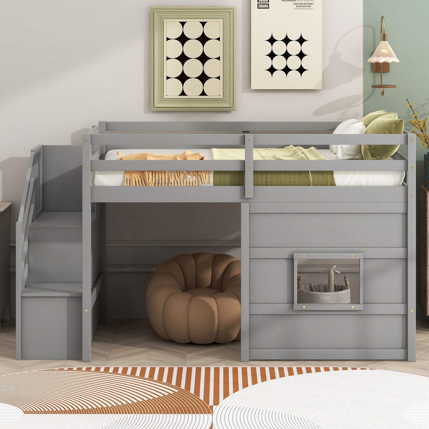 Loft Bed With Storage Staircase, Window & LED Light