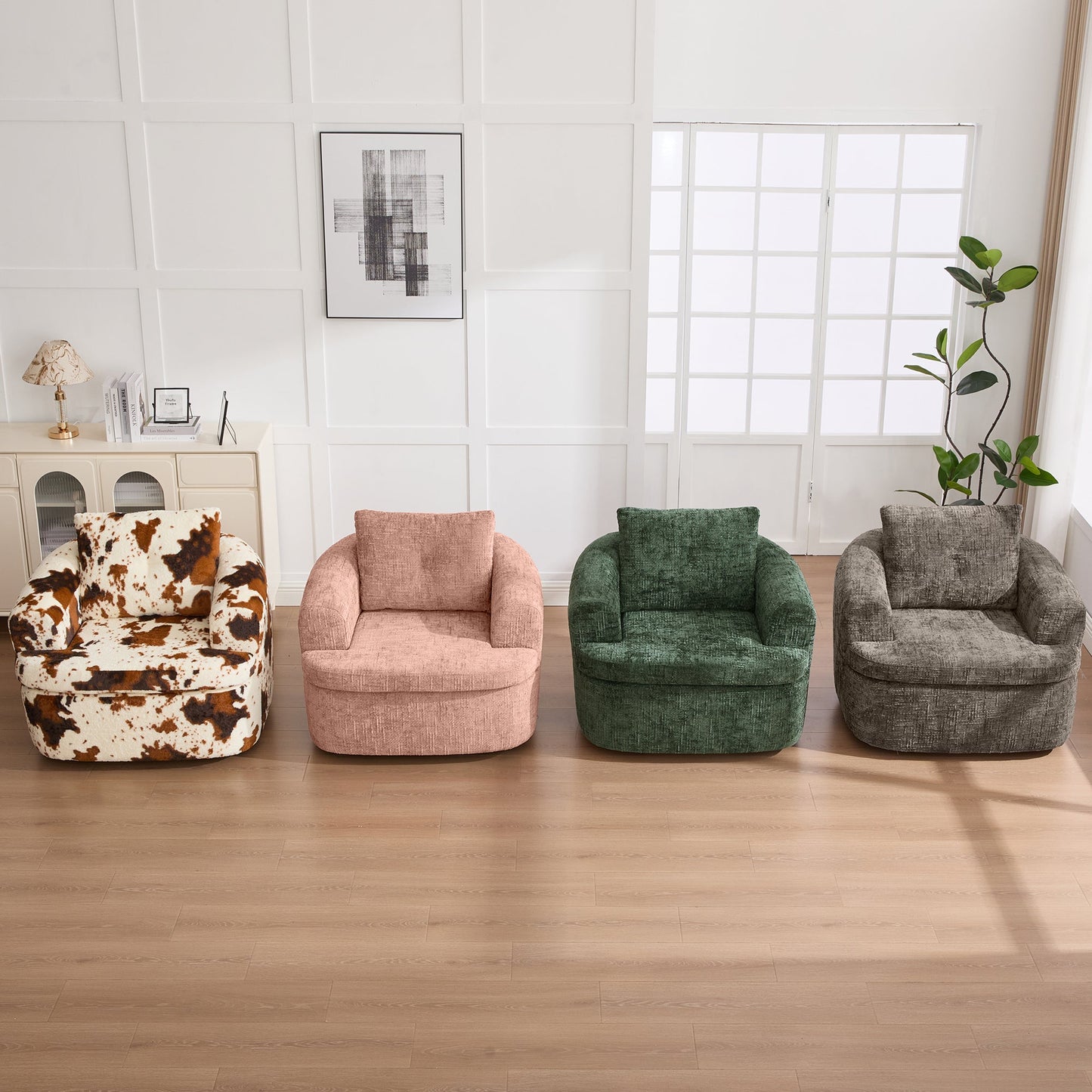 Swivel Accent Chair 360 Degree Faux Fur Beige Dual-Layer Cushion 36.6x36.5 In