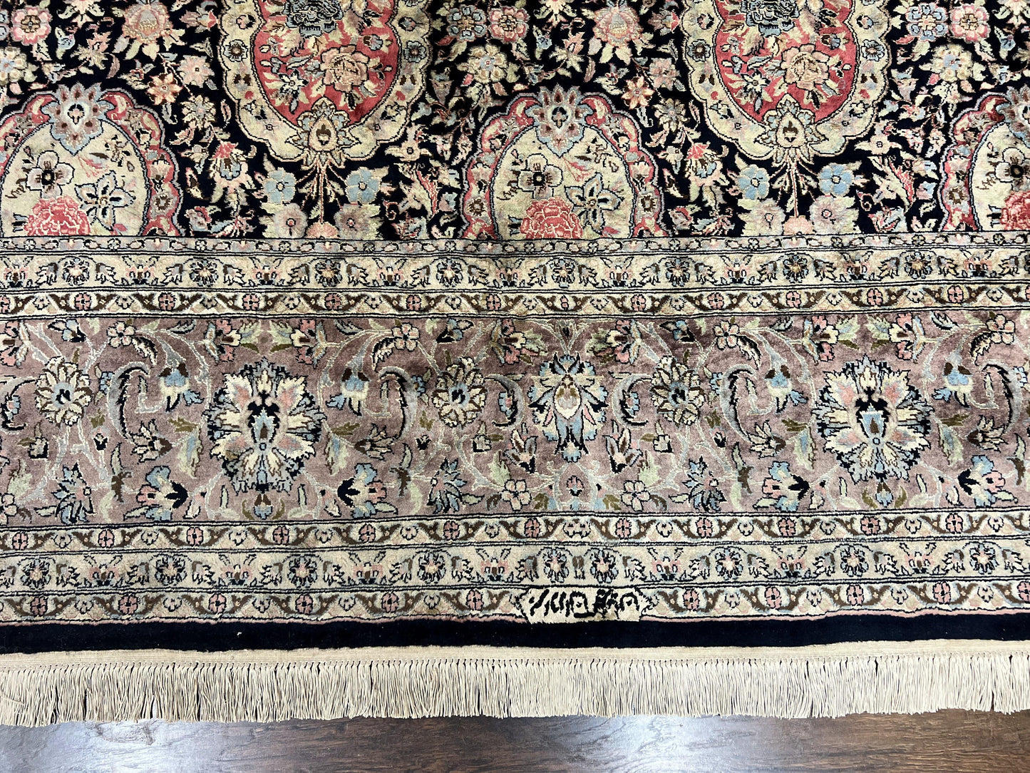 Sino Persian Rug 9x12, Navy Blue and Pink Hand Knotted Wool and Silk Highlights Vintage Oriental Carpet, Handmade Floral Area Rug 9 x 12 ft