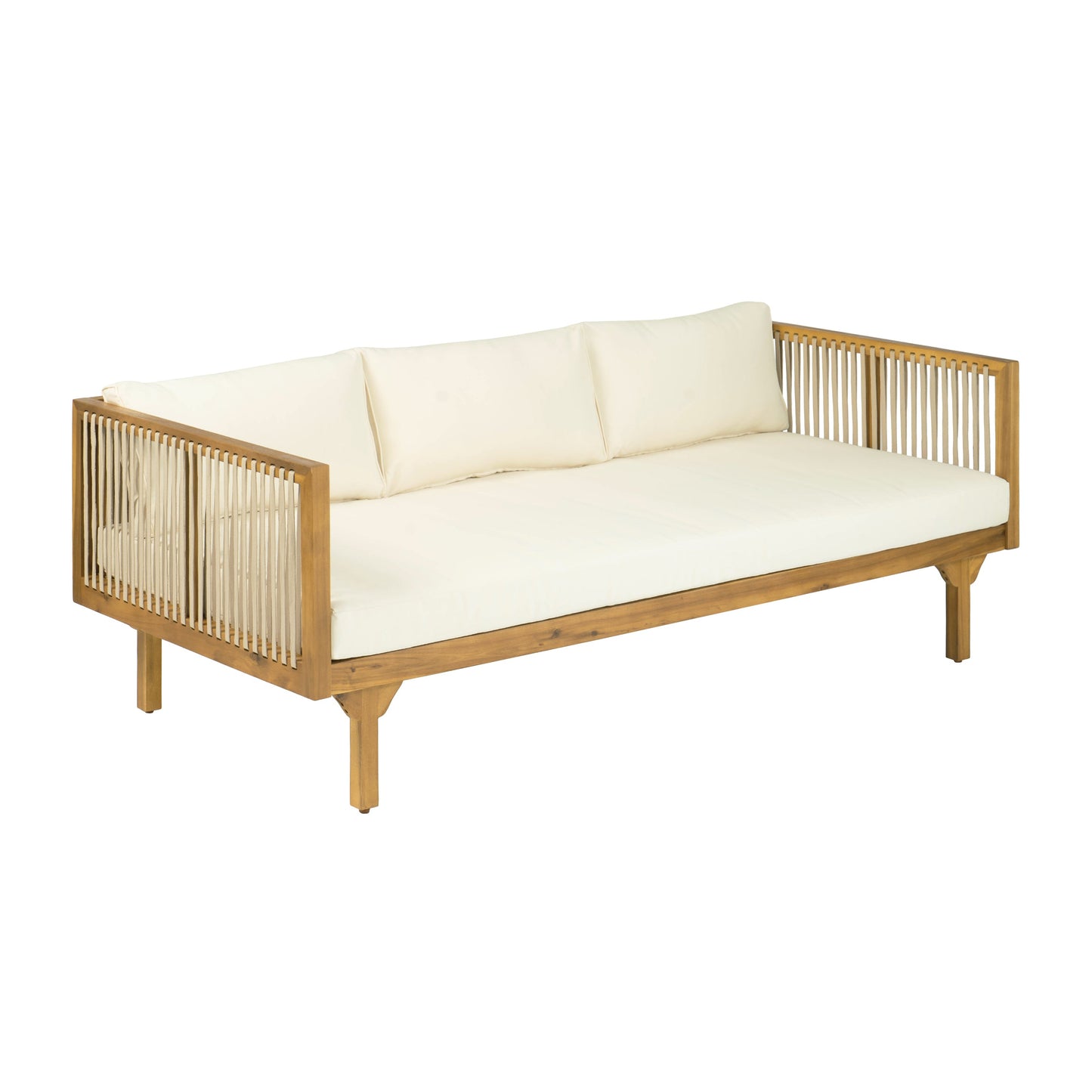 Outdoor Patio Sofa Rope Beige Cushions Teak Finish Acacia Wood