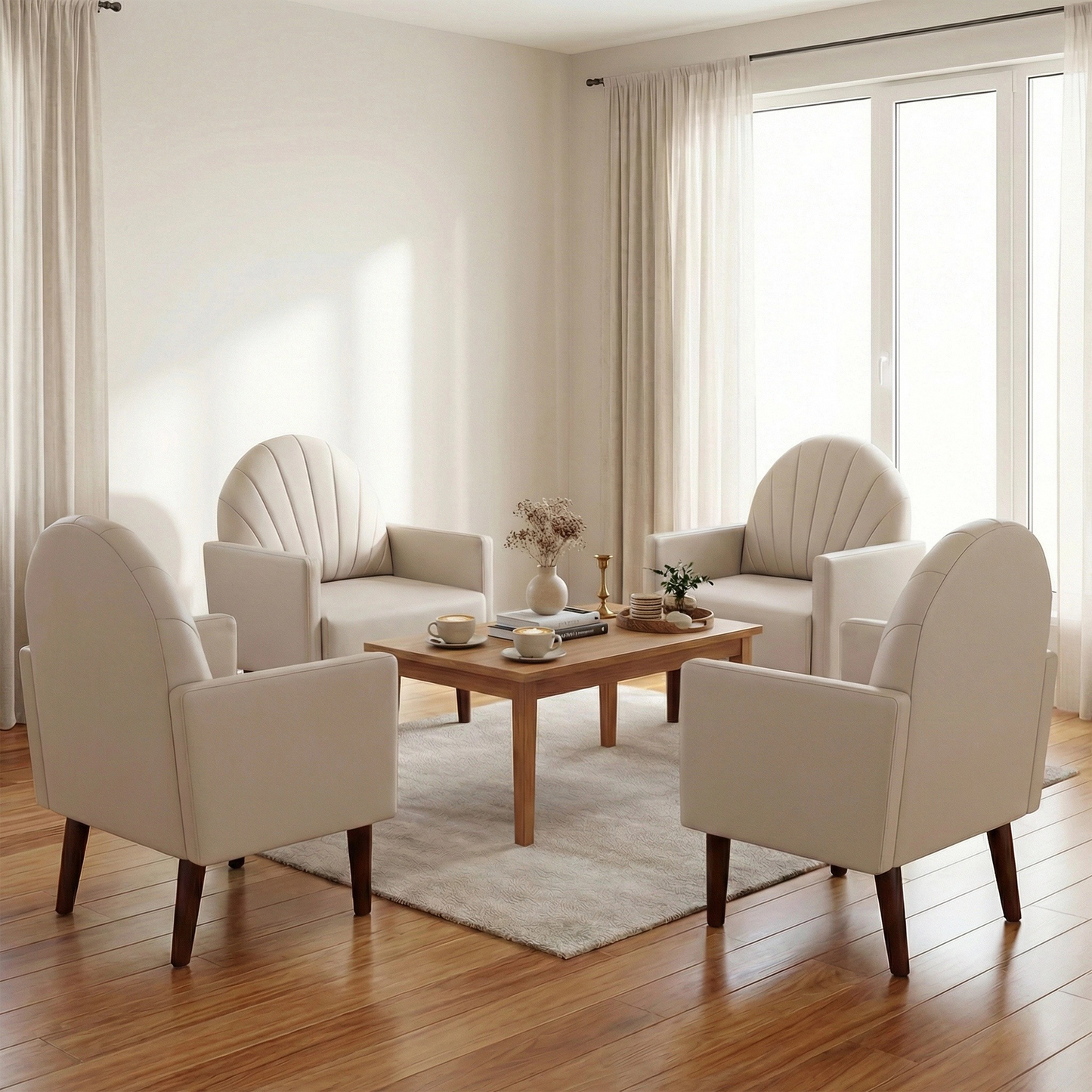 Accent Chair Shell-Shape PU Leather Khaki Solid Wood Legs Easy Assembly