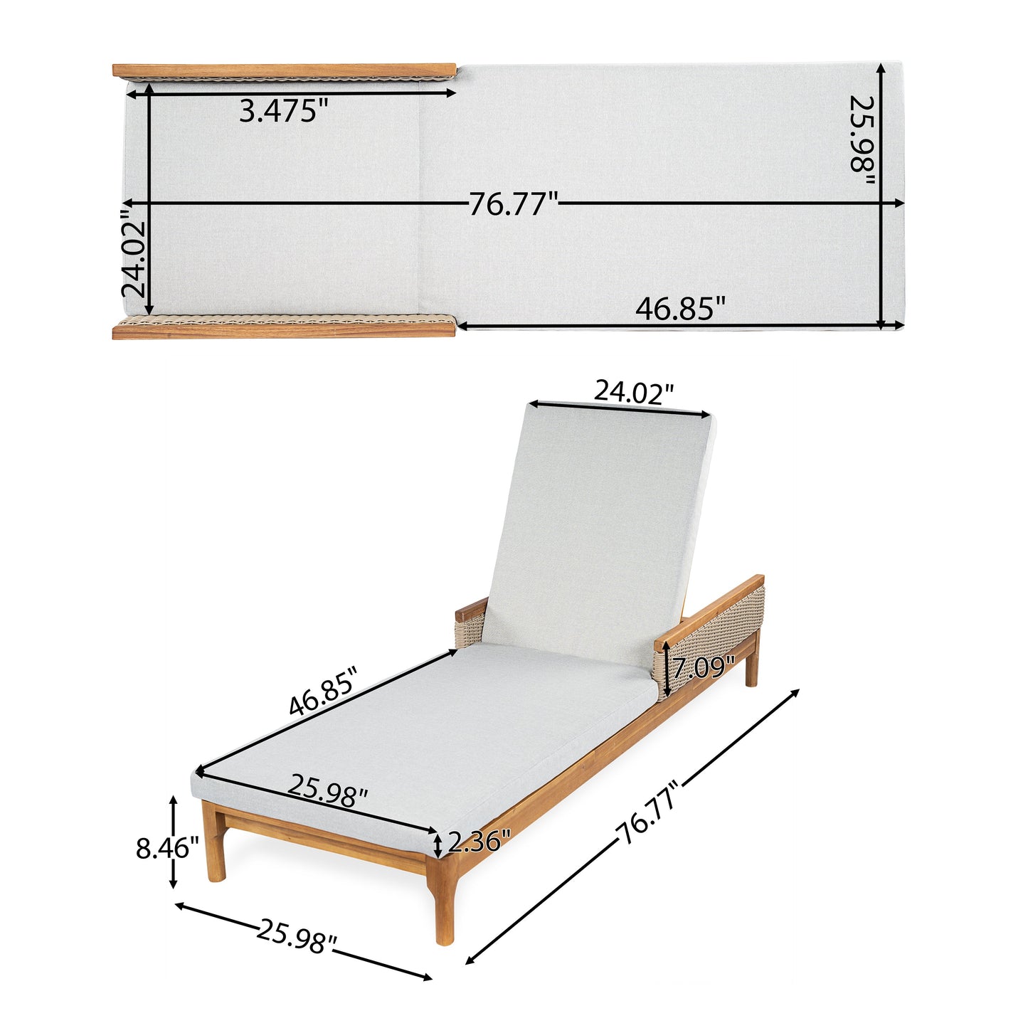 Sun Lounger Set Modern - Acacia Wood, Grey Cushions, Light Grey Wicker, 76.8in