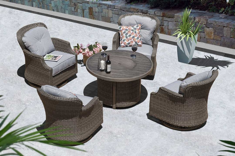 The Tenaya Round Wicker Outdoor Luxury Fire Pit Table – 42" Wood-Grain Finish